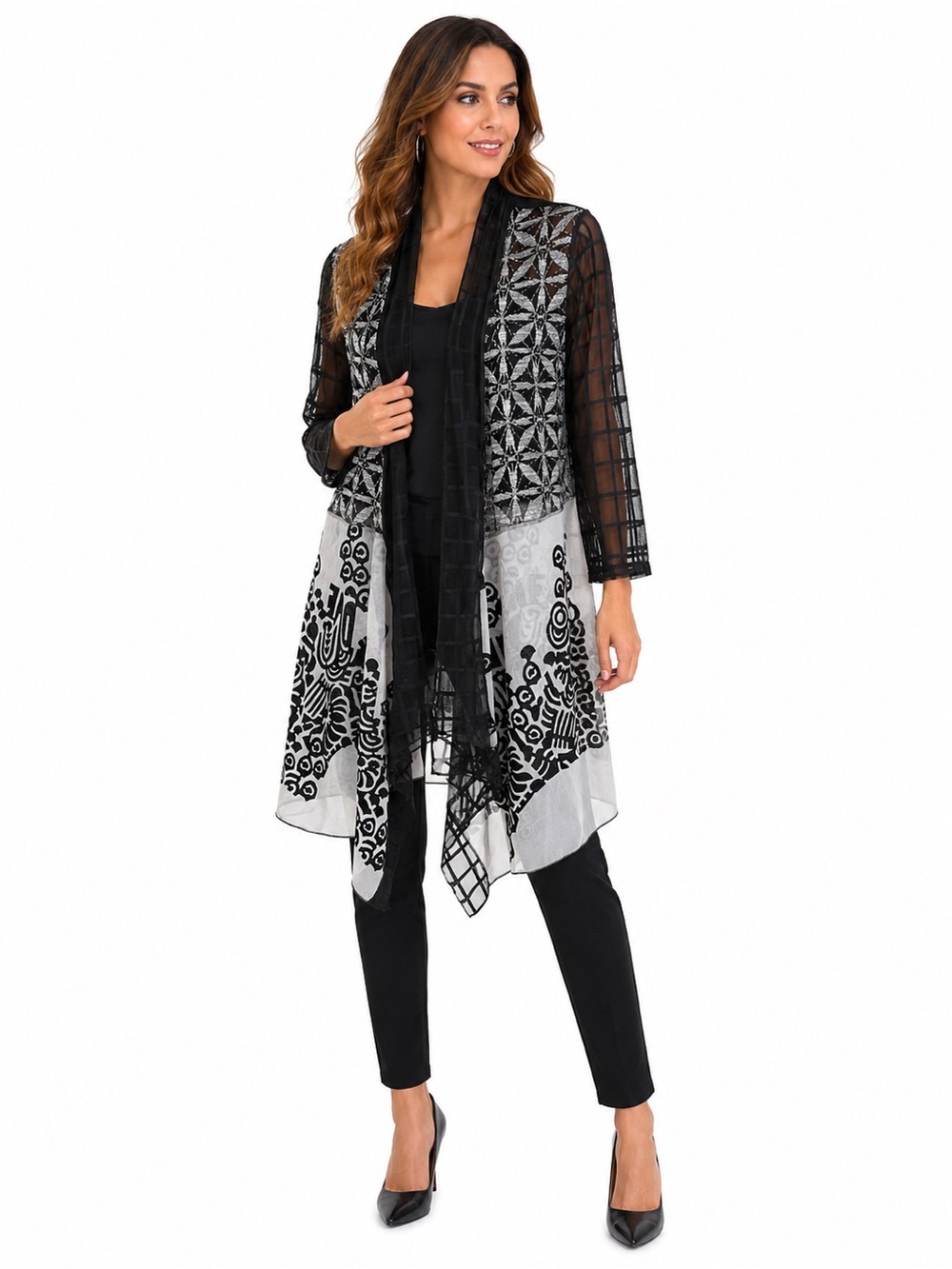 Elegant Black & White Sheer Patterned Open-Front Cardigan